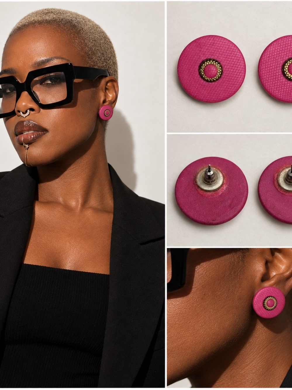 Fuchsia Pink Textured Round Button Stud Earrings Gold-Tone Detail